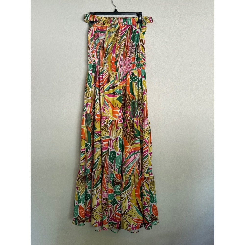 Oddi Los Angeles Tropical Multi Leaf Print Smocked Tiered Strapless Maxi Dress M